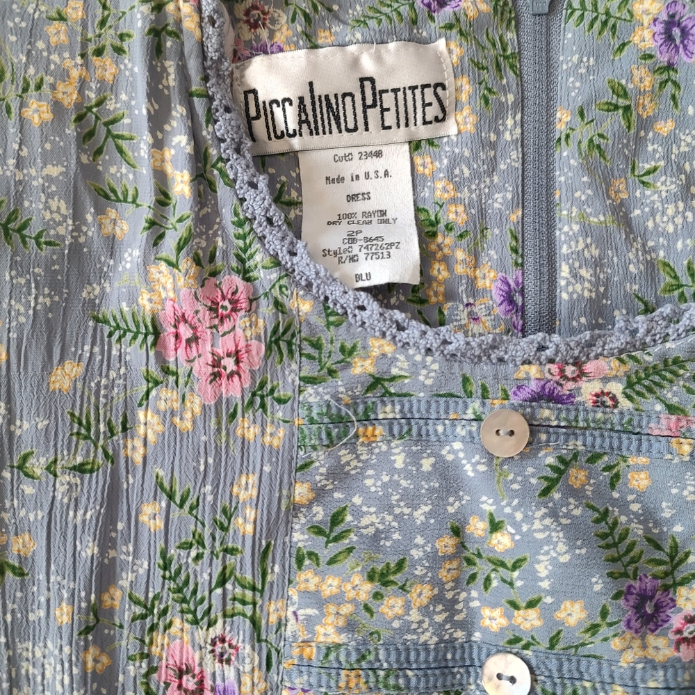 Piccalino Petites Vintage Rayon Pleated Purple Flower Floral Button-Up Dress 2P - Picture 3 of 4